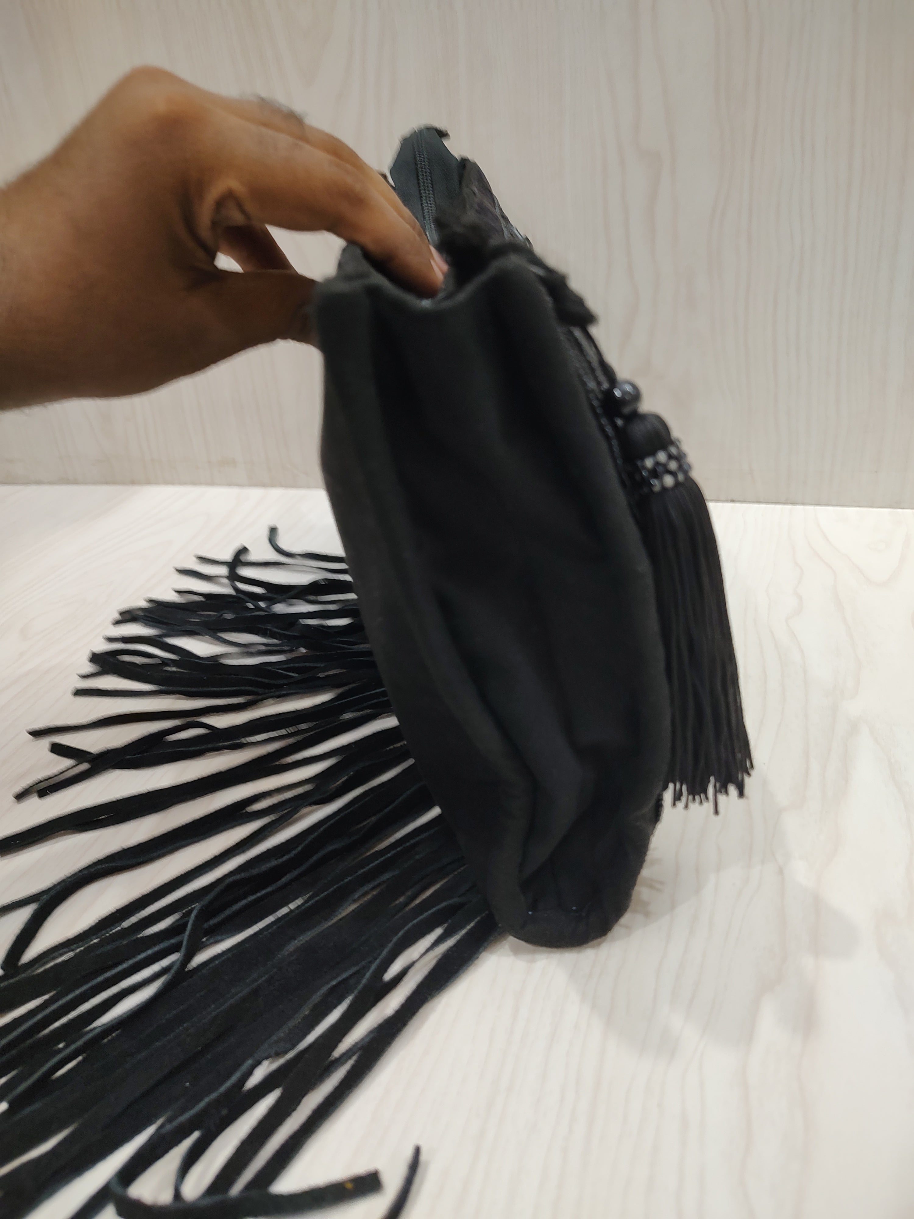 🖤 Boho-Glam Beaded Black Clutch with Dramatic Fringe