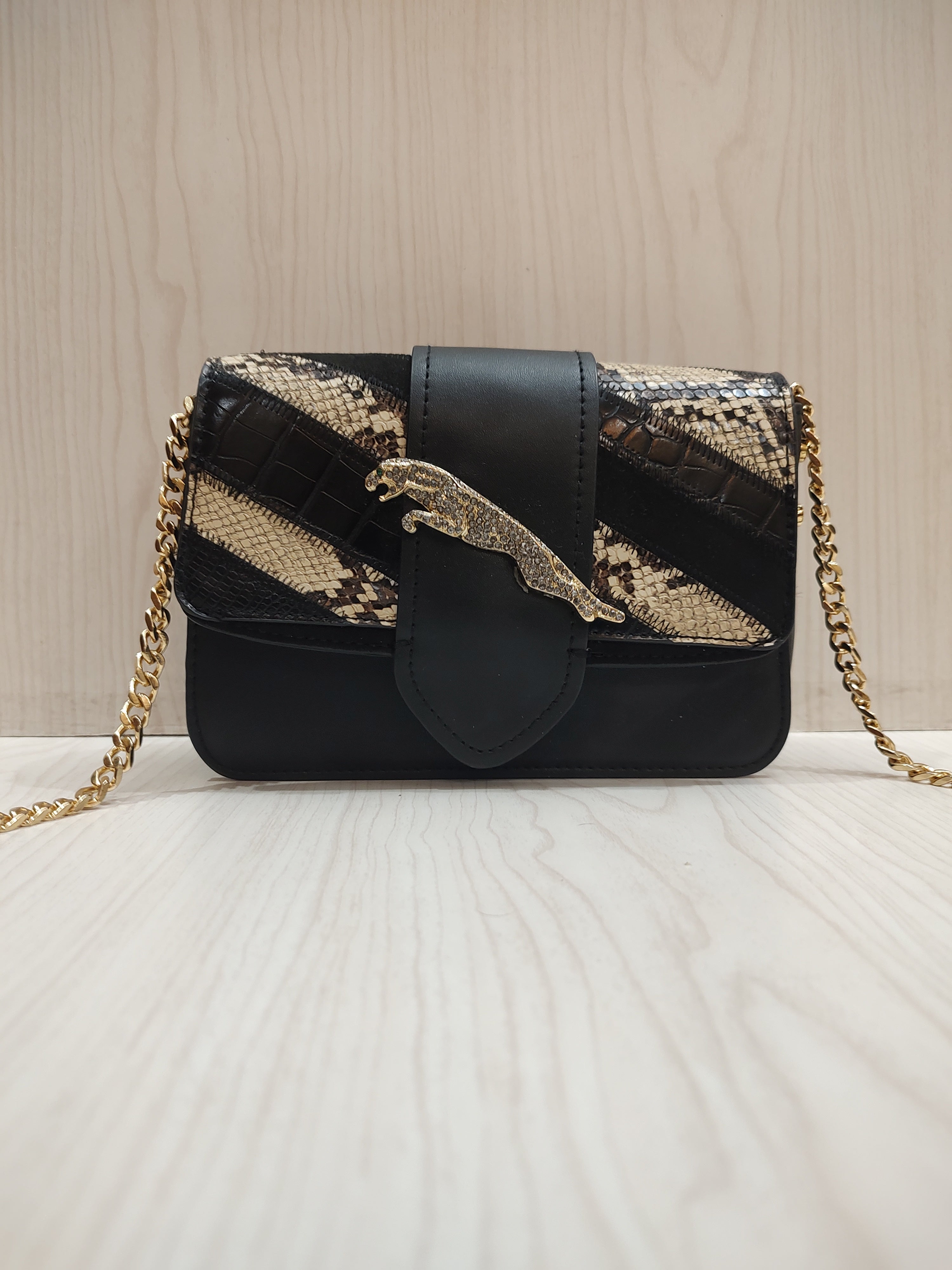 Exotic Patchwork Crossbody Bag with Golden Big Cat Detail 🐆✨