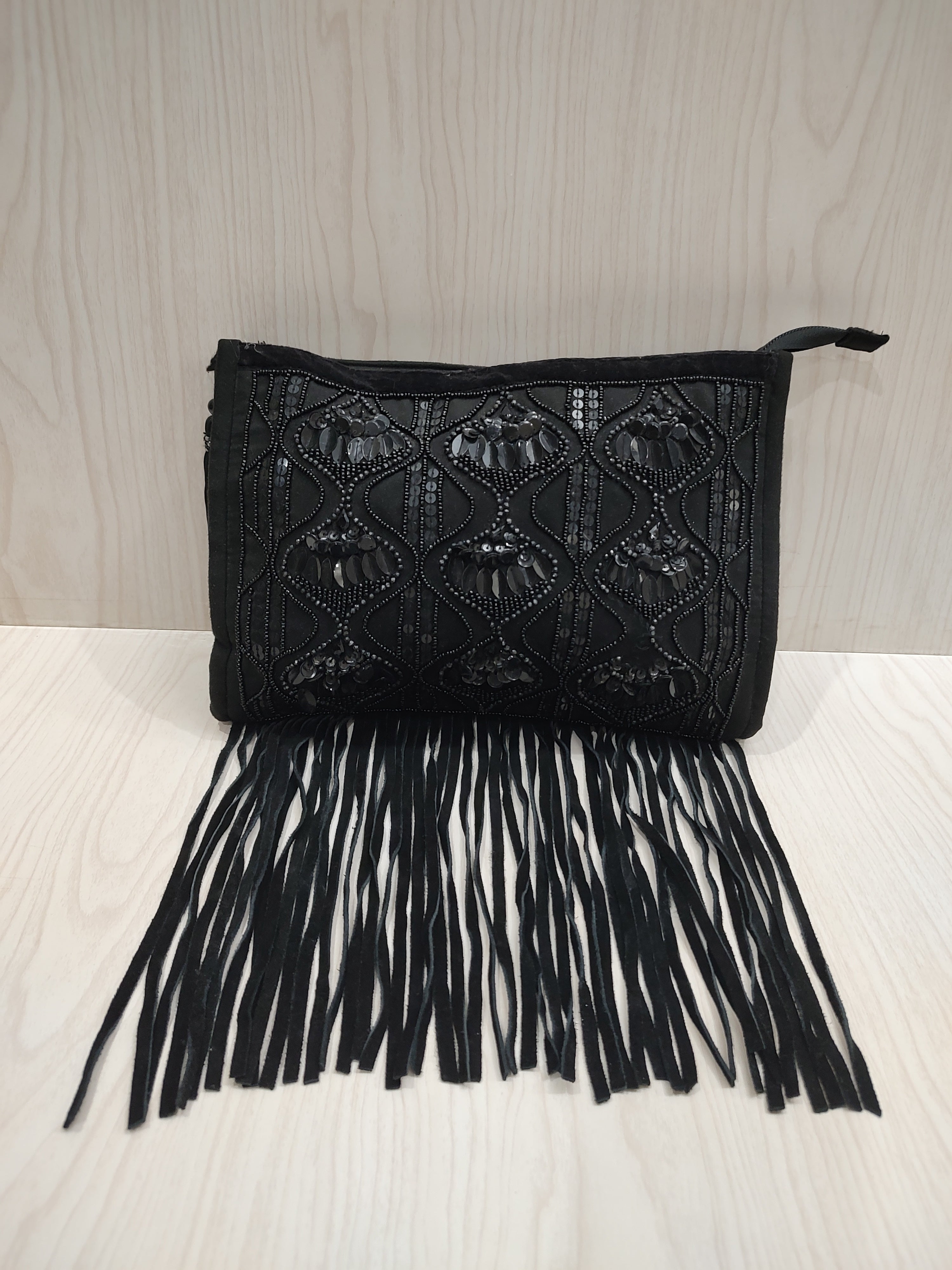 🖤 Boho-Glam Beaded Black Clutch with Dramatic Fringe