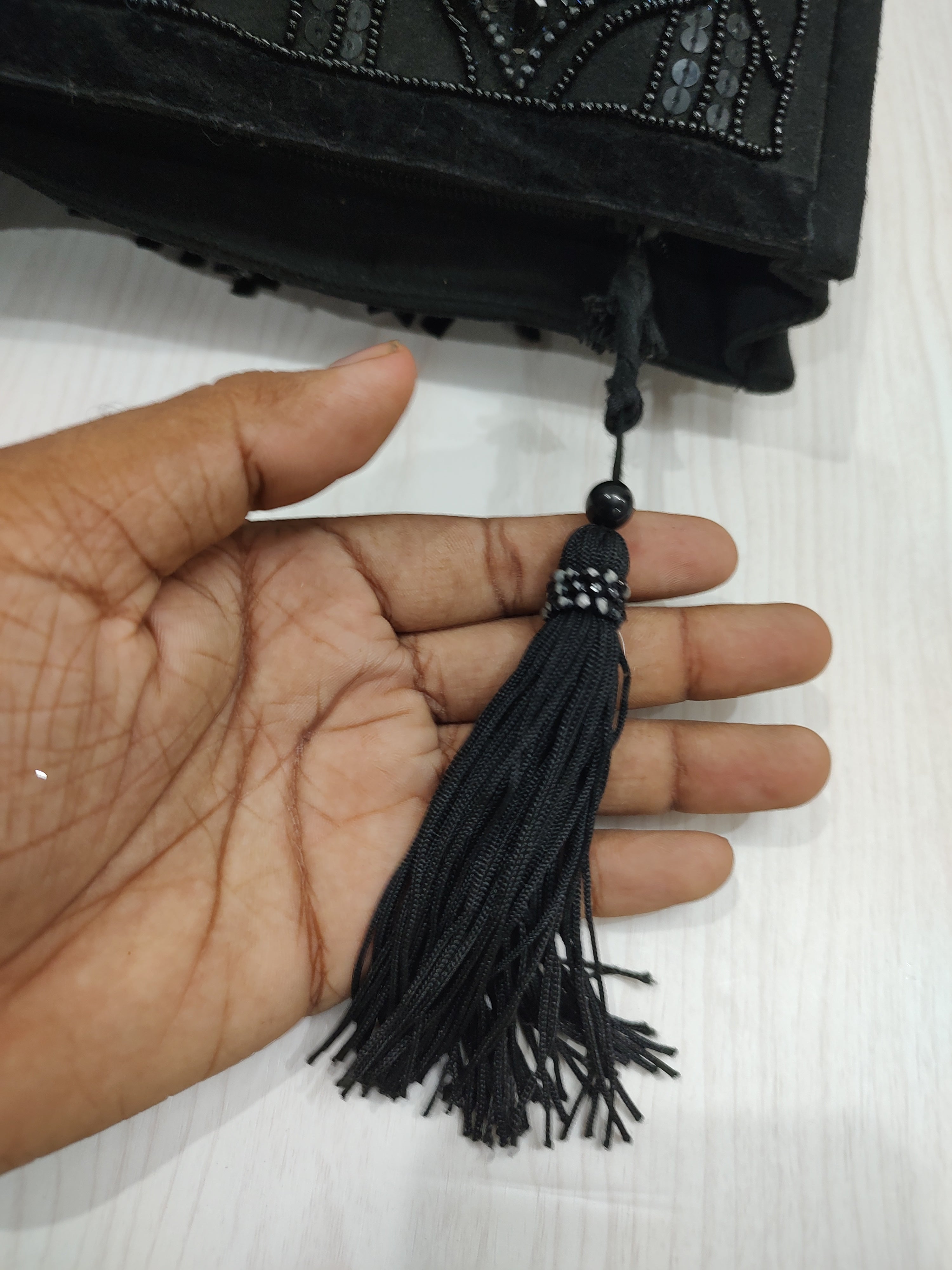 🖤 Boho-Glam Beaded Black Clutch with Dramatic Fringe